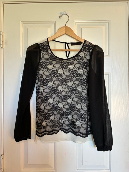 The Limited Tops - The Limited Black Lace Overlay Long-Sleeve Blouse with Cream Lining